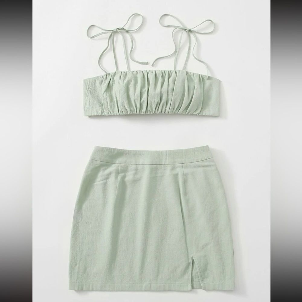 Knot Shoulder Tie Back Ruched Bust Crop Cami Top & Split Hem Skirt Set